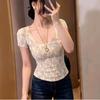 Pure desire Spice Girl big u-neck lace floral front shoulder short-sleeved T-shirt women's summer new slim-fitting short top