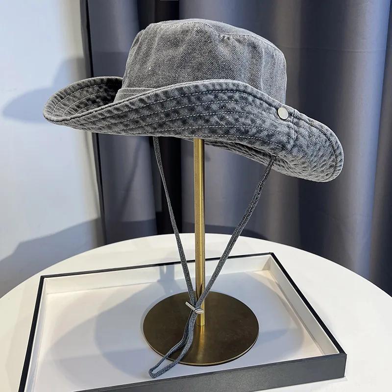 Vintage Washed Denim Bucket Hat Unisex Summer Sun Hat For Women Men Camping Cap With Uv Protection Western Cowboy Fisherman Hat