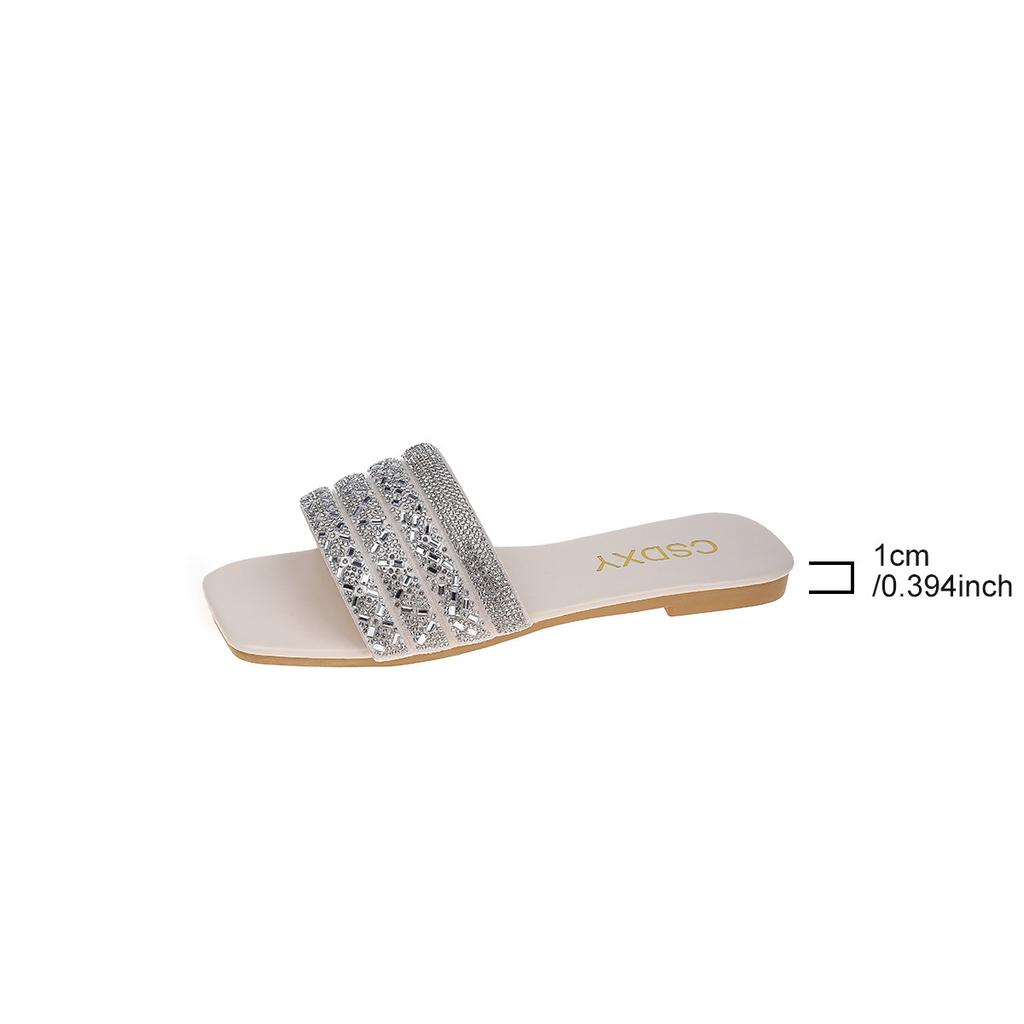 Rhinestone flat-bottomed slippers women's square head one pedal home slippers foreign trade large size FlatSlippers