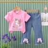 Girls Summer Cute Cartoon Short Sleeve Tee And Bow Knot Jeans Two Piece Set Casual Outfit