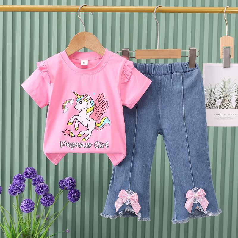 Girls Summer Cute Cartoon Short Sleeve Tee And Bow Knot Jeans Two Piece Set Casual Outfit
