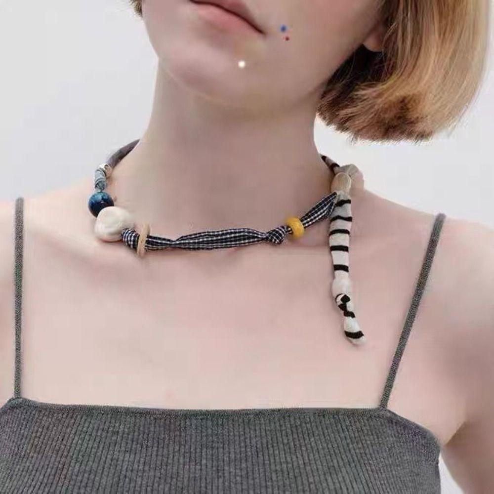 Strip Wood Bead Necklace Clavicle Chain Bohemian Choker Patchwork Cloth Chain Necklace  Girls