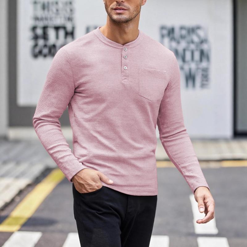 Men Black Waffle Knit Henley Long Sleeve Shirt With Chest Pocket