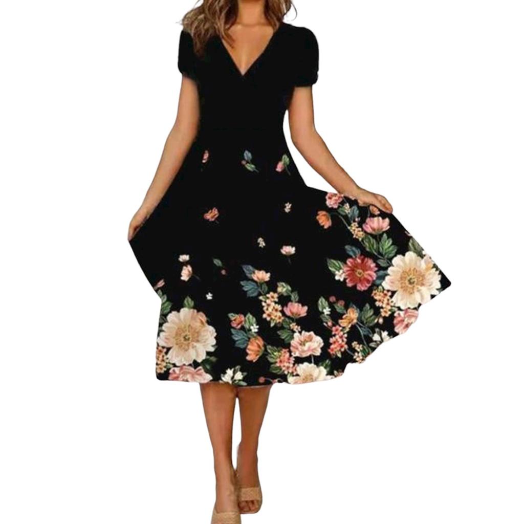 Women's Fashion A-Type V Neck Short Sleeve Floral Flower Print Loose Casual Dress