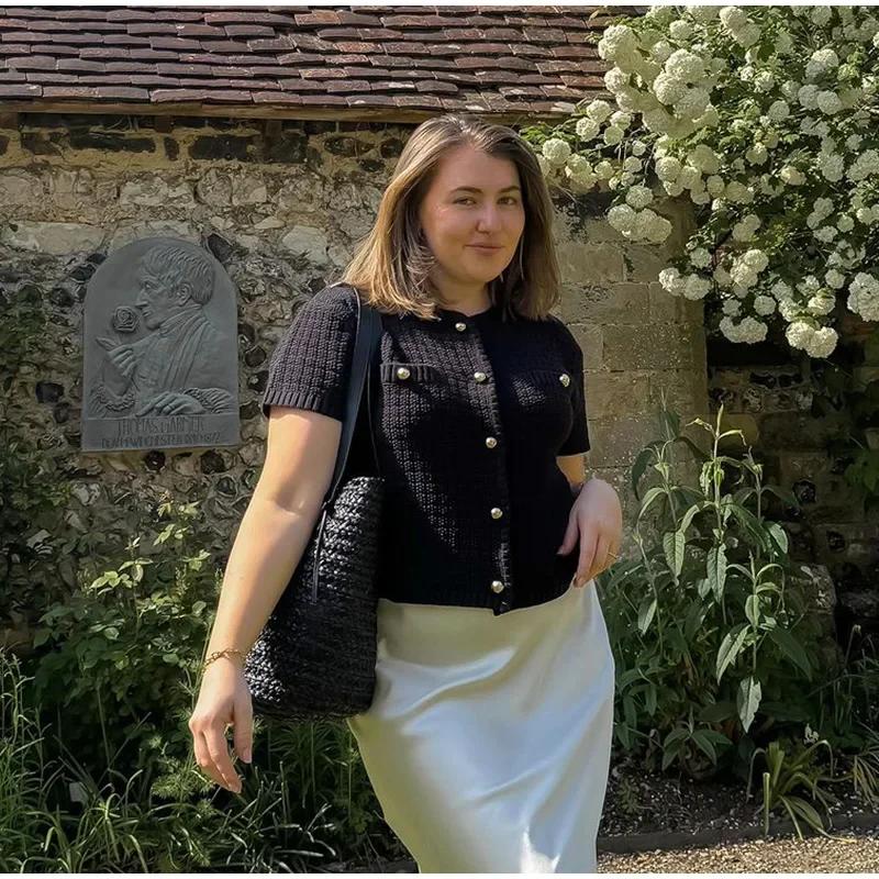 Elegant Knitted Tweed Cardigan Women Solid Single Breasted O-neck Short Sleeve Sweater Vest 2024 Autumn New Lady All-match Tops