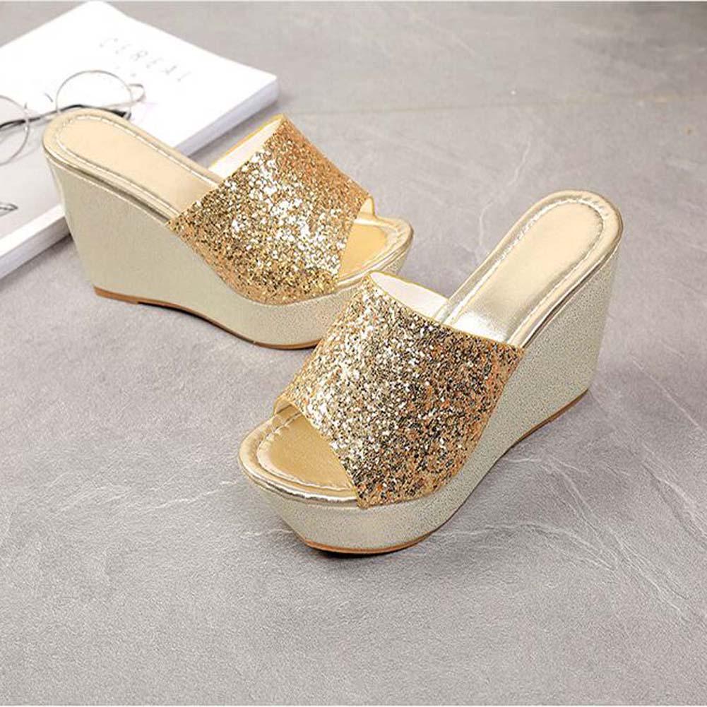 Women Summer Casual High Heel Wedge Skid Slippers Bling Flip Flops Shoes