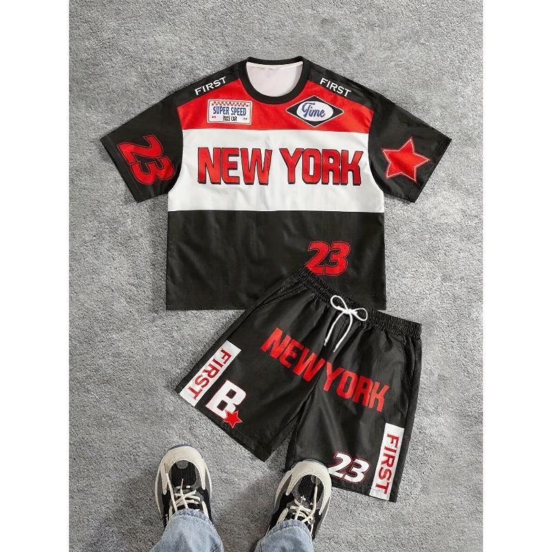 32 New York Graphic Men's Tee & Shorts Set - White w/Red-Blue Accents, Regular Fit, Summer Streetwear