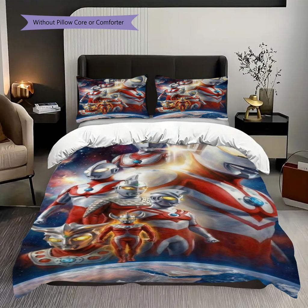 Three-piece cartoon Ultraman Tiga printed bedding set,(1*Duvet Cover + 2*Pillowcase, Without Core) suitable for bedroom use.