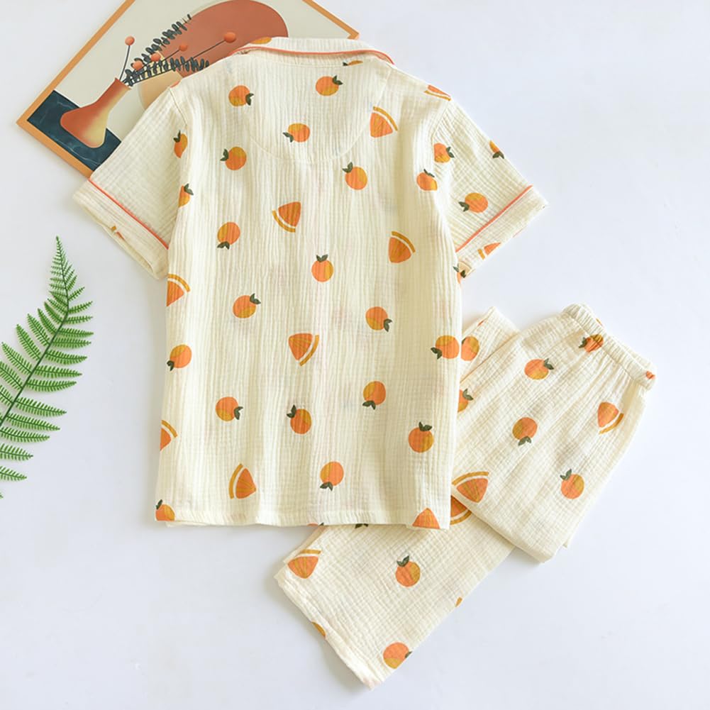 Semo1mus Short Long Loungewear Double Small Floral Size L Women's Spring/Summer Pajamas, Sleeves, Pants, Set, Front-Opening, Cute, 100% Cotton, Gauze,