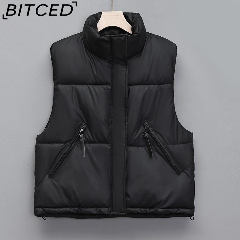 BITCED Women's Elegant Minimalist Style Army Green Stand-Collar Cotton Vest