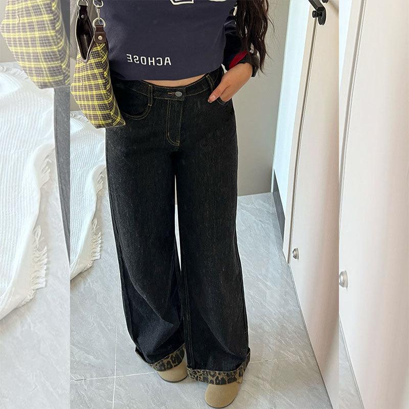 2026 Spring/Summer American Retro Leopard Print Patchwork Wide-Leg High-Waisted Women's Cuffed Jeans