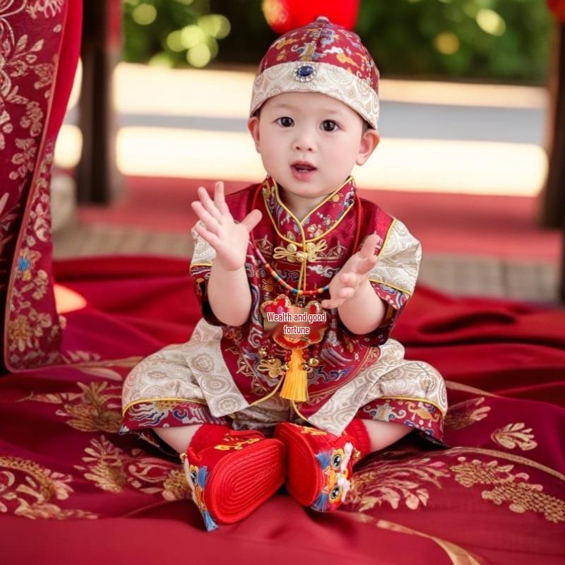 Summer Baby Boy Birthday Tang Suit with Crown for Zhou Ceremony