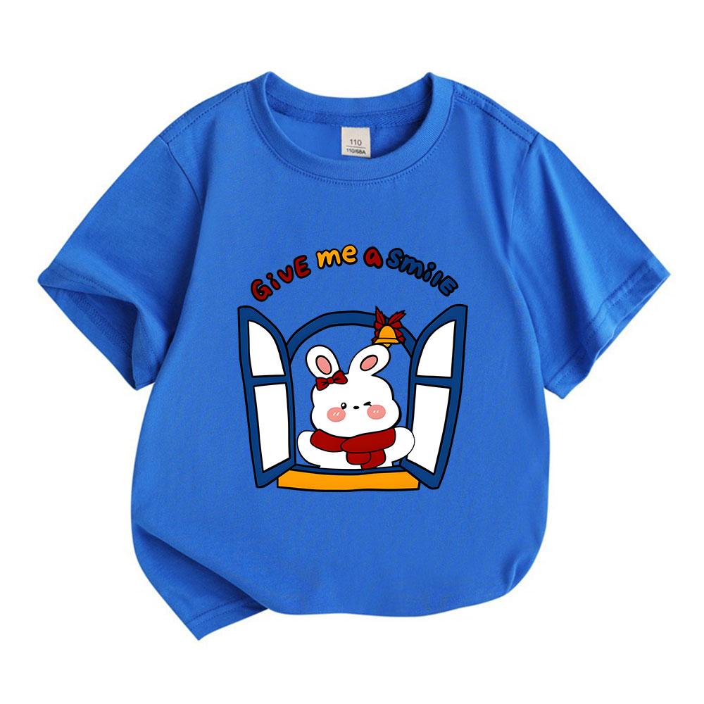 Kids Boys Girls 100% Cotton Crew Neck Short Sleeve T-Shirt, Cute Wink Bunny Window Give Me A Smile Graphic Casual Summer Tee for Children Daily Wear