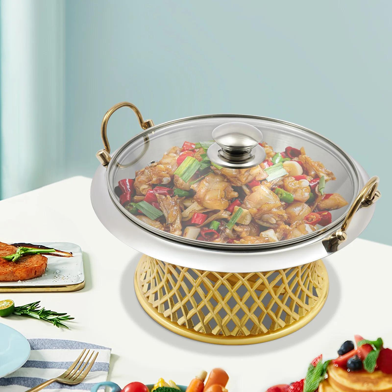 Gold Waist Alcohol Chafing Dish Buffet Warmer,Round Catering Serving Pot W/ Glass Lid,Tabletop Food Warmer for Parties & Events oro
