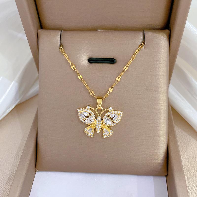 Butterfly Heavy Industry Necklace Women'S Copper Micro-Inlaid Real Gold Electroplating Delicate Clavicle Chain Neck Chain