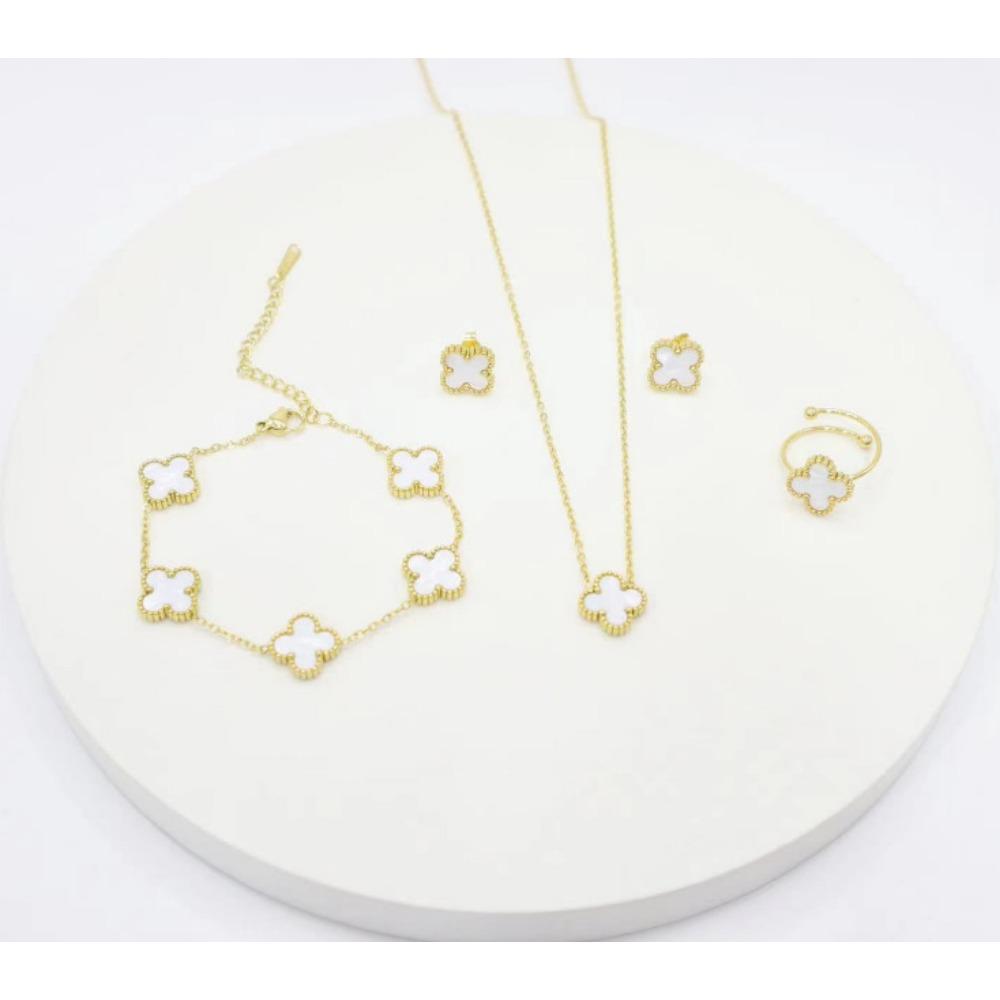 Titanium Steel Four-leaf Clover Necklace Earrings Ring and Bracelet Four-piece Set белый