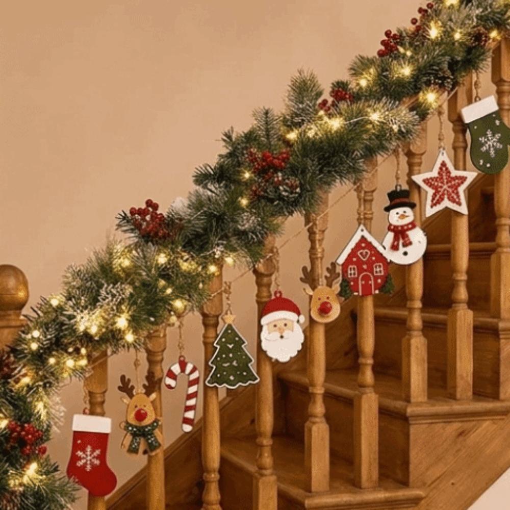 10Pcs Candy Cane Wooden Pendants Santa Claus Wall Party Holiday Decorations Xmas Tree Decor