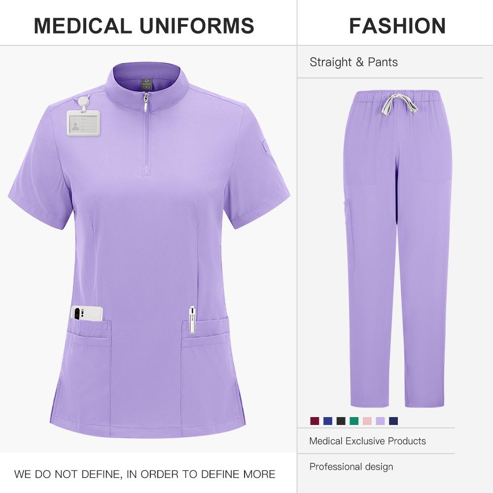 Zippered Stand-Up Collar Scrub Suit with Straight-Leg Pants In Solid Color for Healthcare Professionals
