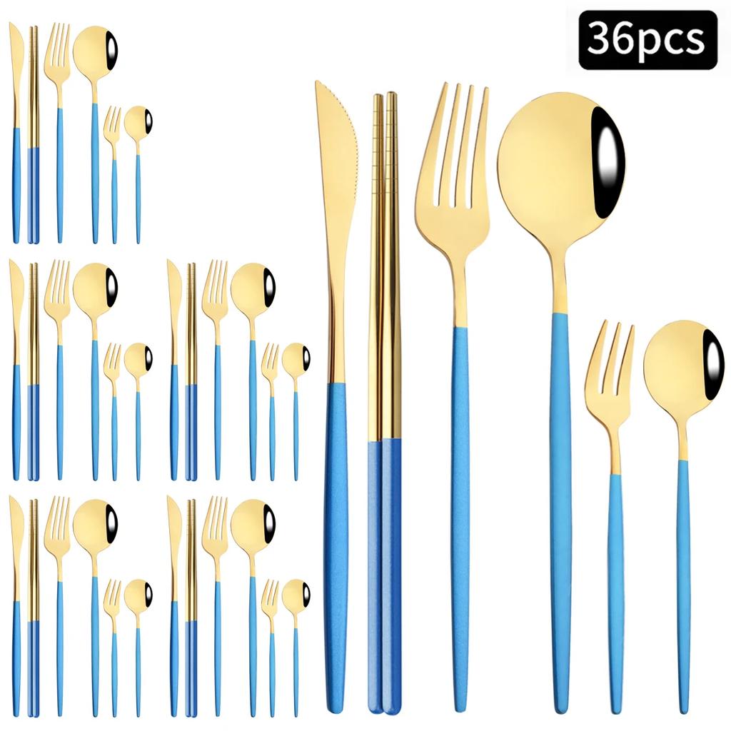 36 ks Černozlatá sada příborů Nůž Vidlička Lžíce Hůlky Sada nádobí Nerezové ocelové dortové vidličky Čajové lžičky Stolní nádobí Příbory