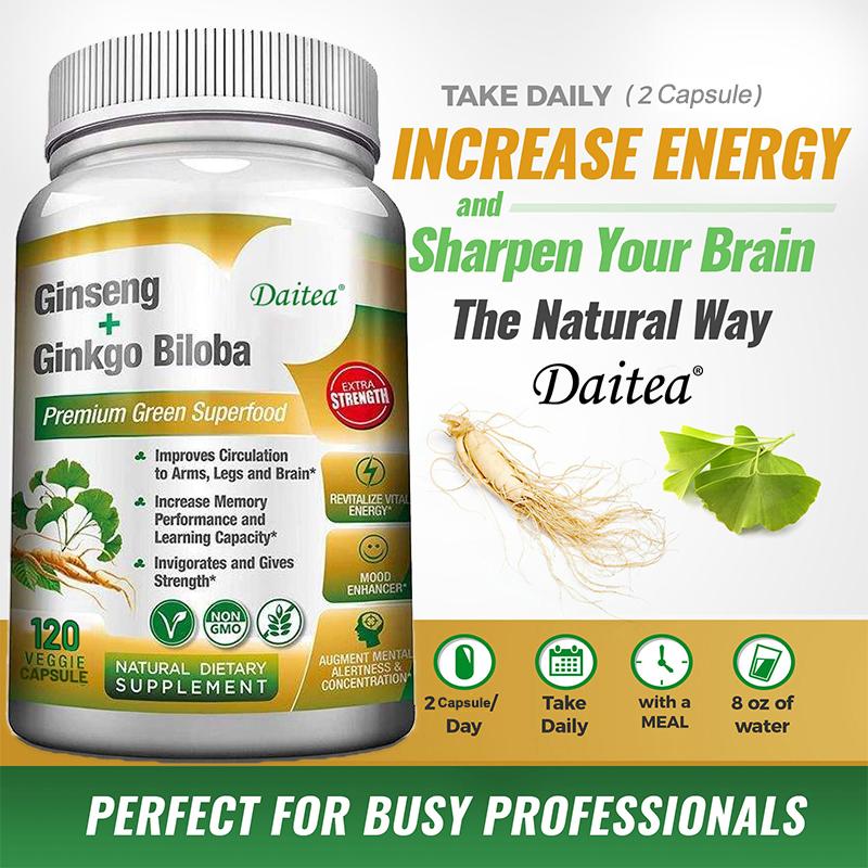 Ginseng & Ginkgo Biloba Nahrungsergänzungskapseln, 120 vegetarische Kapseln 60-Tage-Vorrat