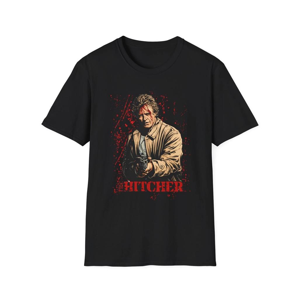 the Hitcher Graphic T-Shirt | Retro Horror Character, Blood Splatter