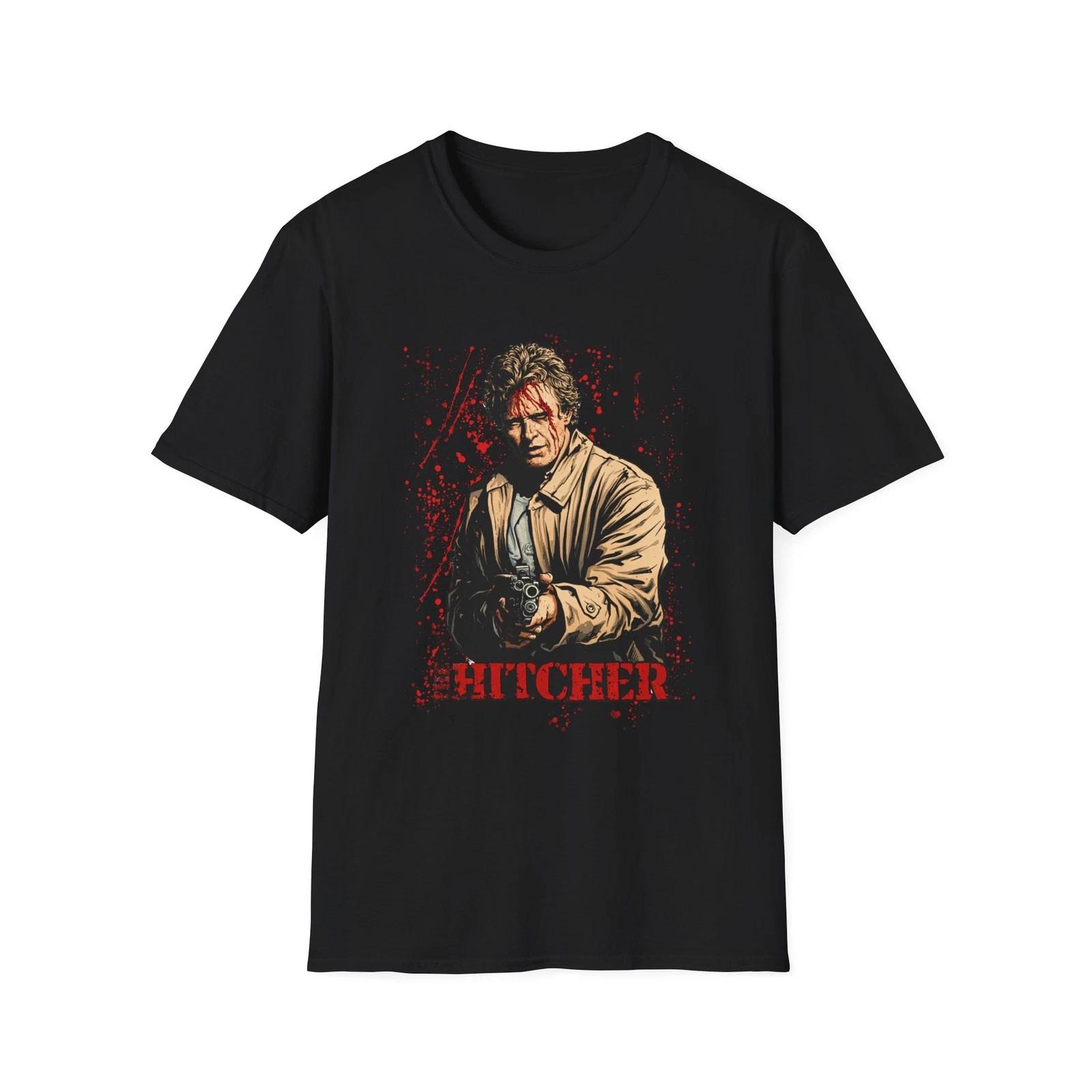 the Hitcher Graphic T-Shirt | Retro Horror Character, Blood Splatter L