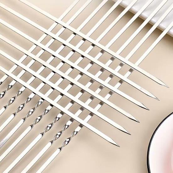 100/200Pcs BBQ Skewers Stainless Steel Heavy Duty Rust Resistant Metal Skewers Outdoor Barbecue Grill Skewers