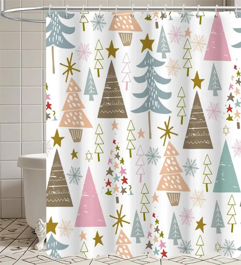 Christmas Shower Curtains Cute Elf Santa Claus Snowman Red Bird Xmas Tree Winter New Year Home Bathroom Curtain Decor With Hooks