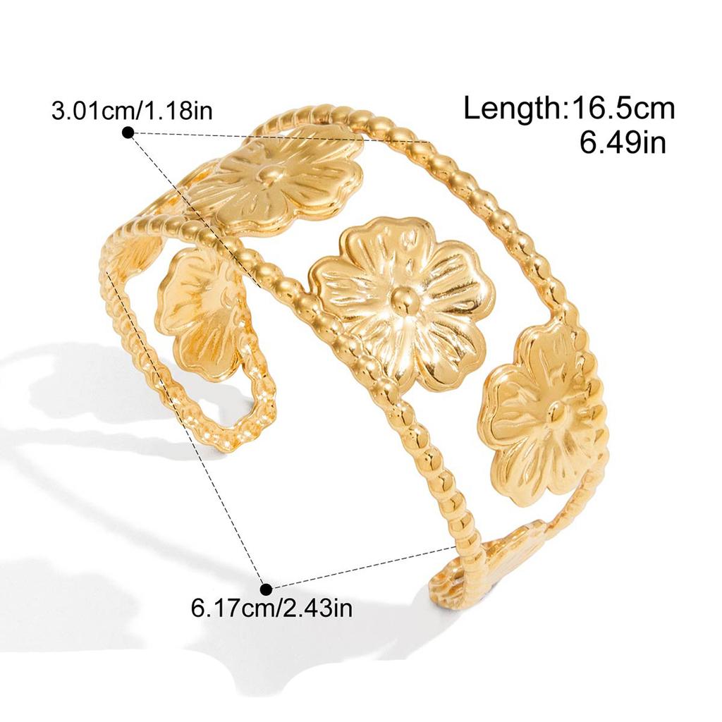 Yori Waterproof Stainless Steel Flower Hollow Wide Open Bracelet Bangle 18K Gold Plated Fashion Women Trendy Jewelry Bijoux