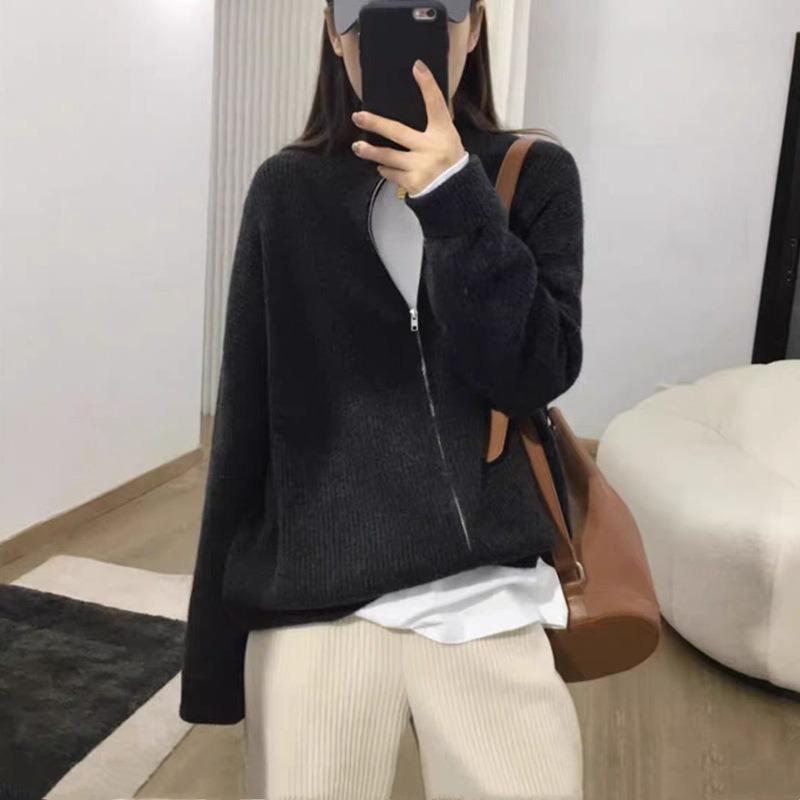 Autumn and Winter New Loose Stand-up Neck Sweater Jacket Women Wear Lazy Style Solid Color Zipper Knitted Cardigan Top
