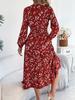 Spring Autumn Casual Woman Dress V Neck Long Sleeve Lotus Leaf Edge Floral Print Long Dress Elegant Women Clothing