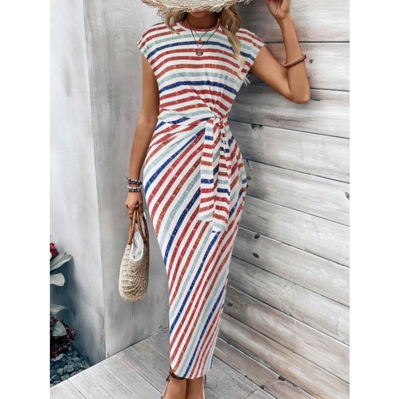 Elegantes Taillenband Gestreiftes Kleid Kurzärmelig Rundhals Schlanke Passform Lässig Sommerkleid Party Bodycon Damen Schnürung Bedruckte Kleidung