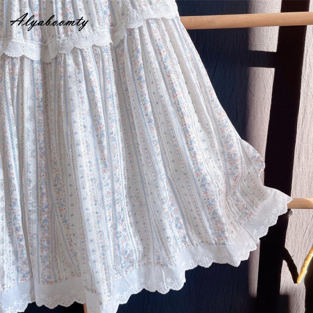 Japanischer Mori Girl Frühling Sommer Damen A-Linien-Rock Hohe Taille Süßer Blumenspitzen-Rüschen-Patchwork-Rock Eleganter Femininer Damenrock