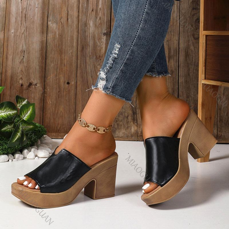Fashion Black Chunky Platform Sandals Women 2025 Summer Peep Toe High Heels Sandals Woman Plus Size 42 Outdoor Thick Heeled Slippers