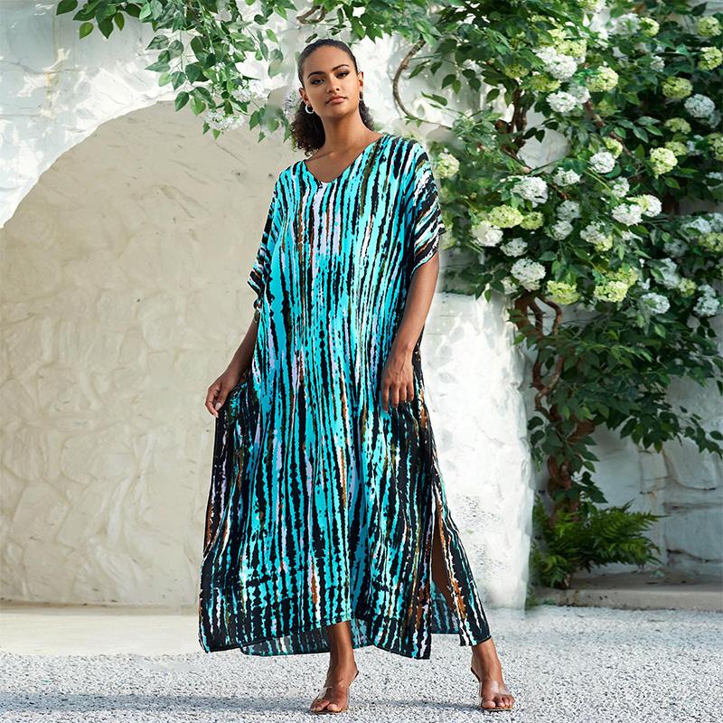 EDOLYNSA Damen Übergröße Kaftane Streifenmuster Batik Kaftan Badeanzug Überwurf Strand Maxikleid Lockerer Seitenschlitz Robe Q1218