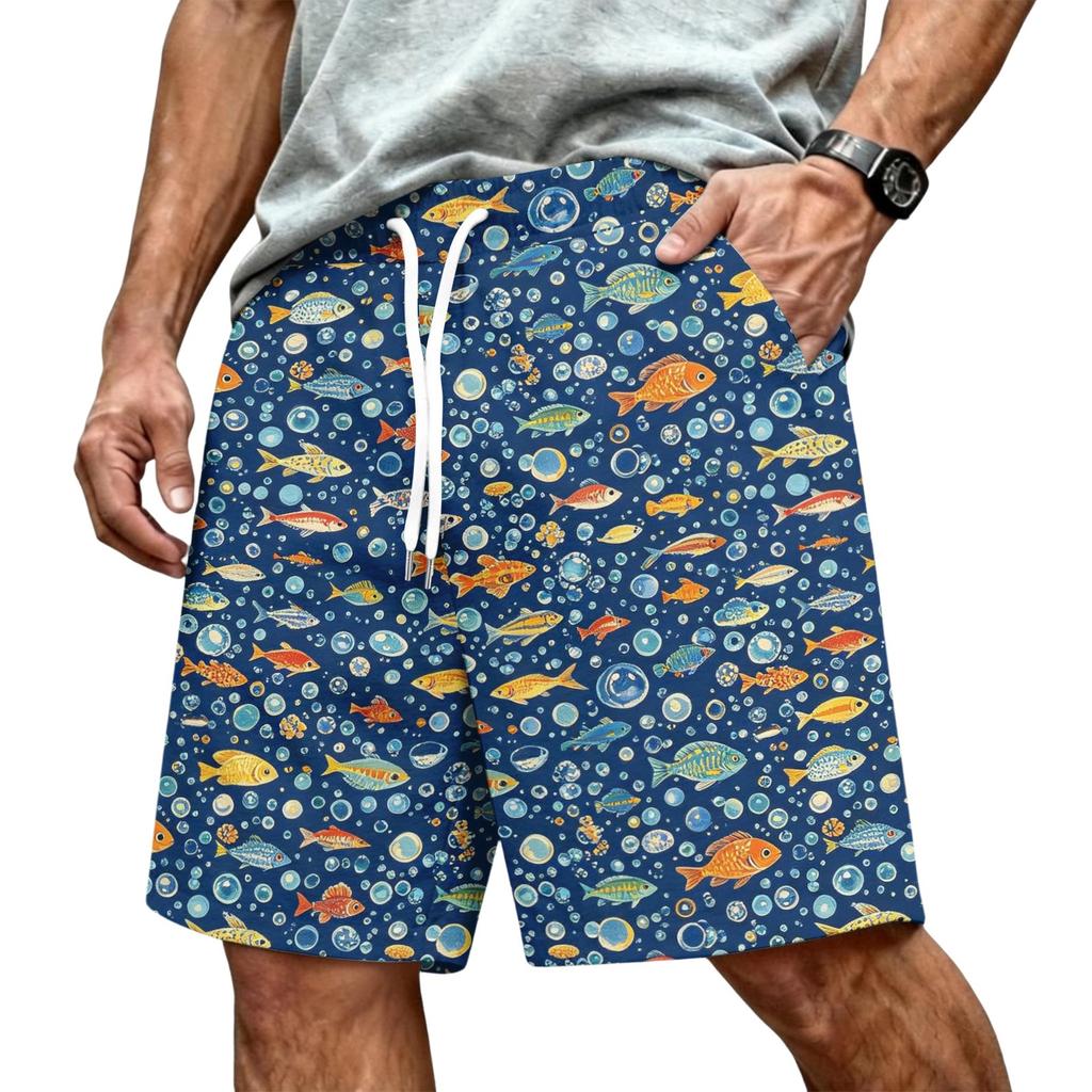 Men's Hawaiian Mesh Shorts with Drawstring Elastic Waist for Summer Beach