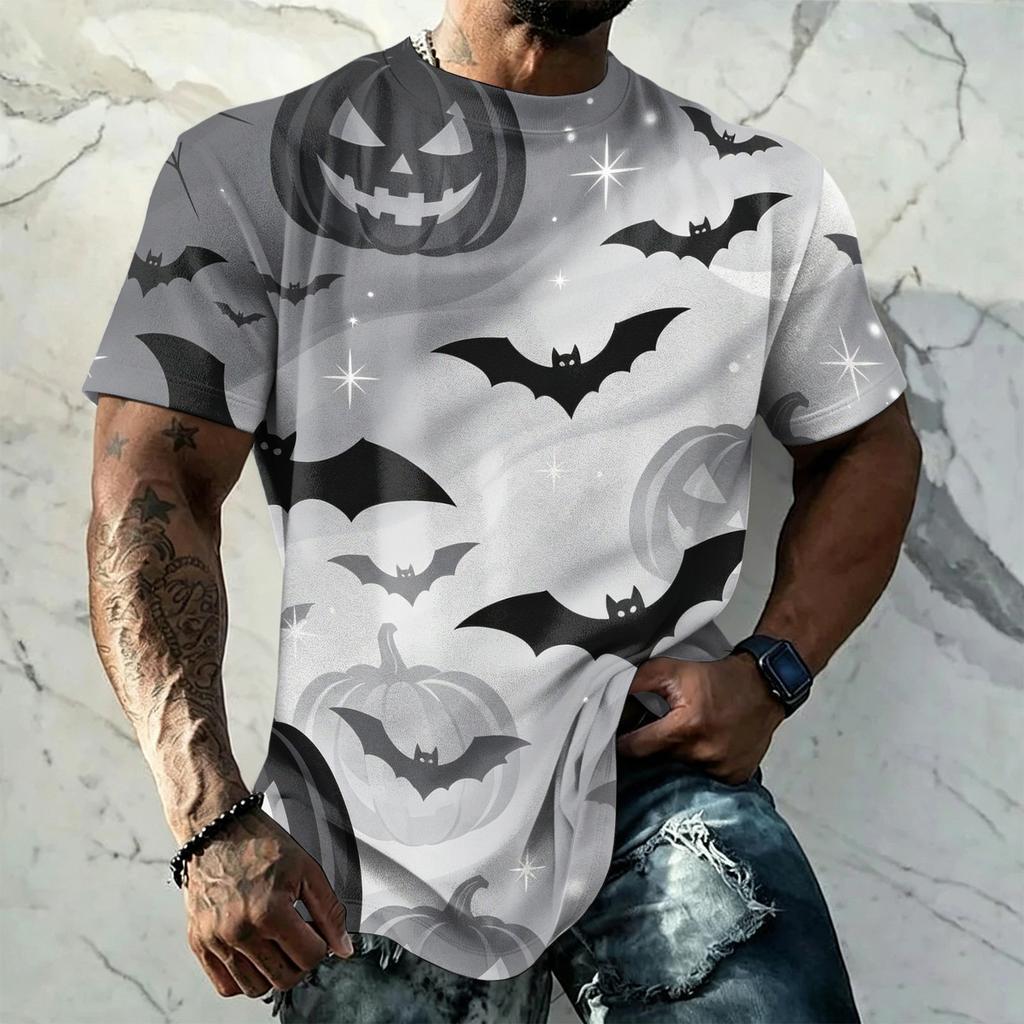 Men's Halloween Vintage Short Sleeve T Shirt Loose Breathable Summer Sports Street Casual Everyday Top with Pumpkin and Bat Print