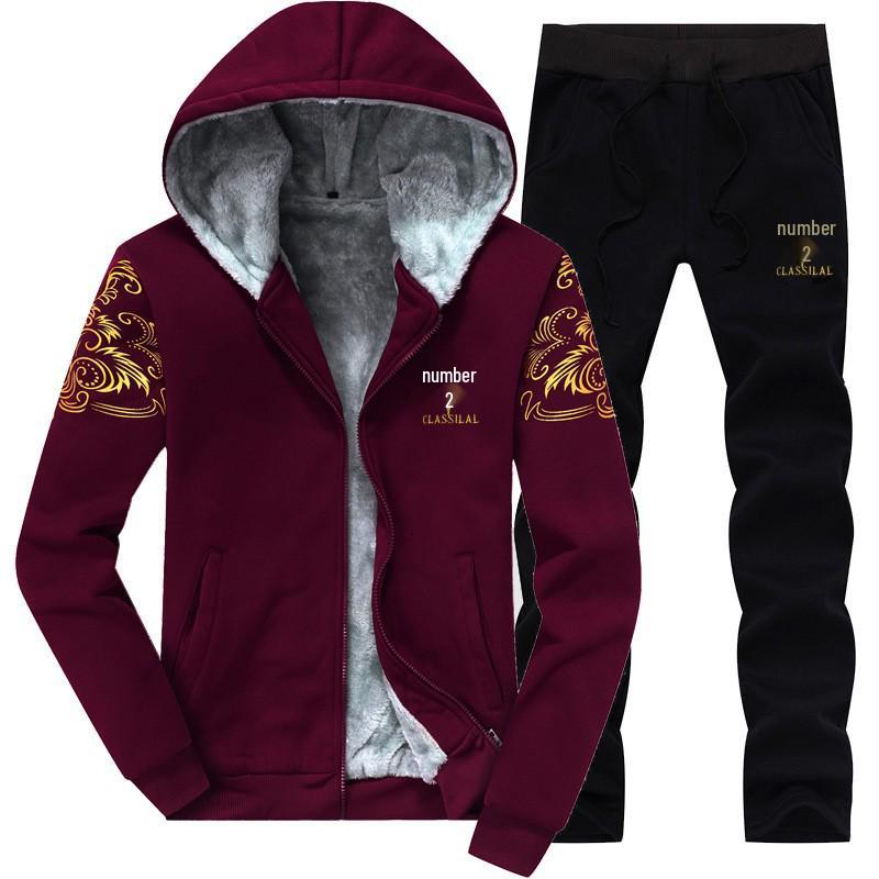 Men's Winter Fleece-Lined Casual Sports Two-Piece Set with Hoodie and Pants