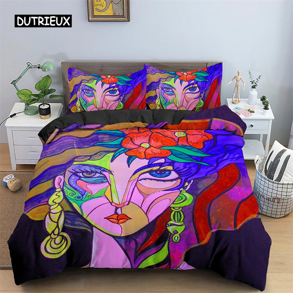 Abstrakte menschliche Gesichter Bettbezug Twin Full King Double Mikrofaser Mystische Kunstwerk Bettbezug Psychedelische Graffiti Bettwäscheset