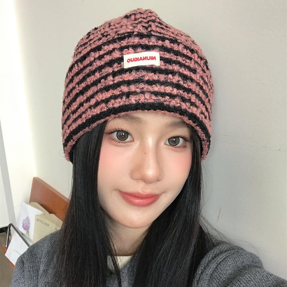 Big head circumference cold hat plush bag head knitted pile hat children show their faces small autumn and winter cold and warm striped wool hat