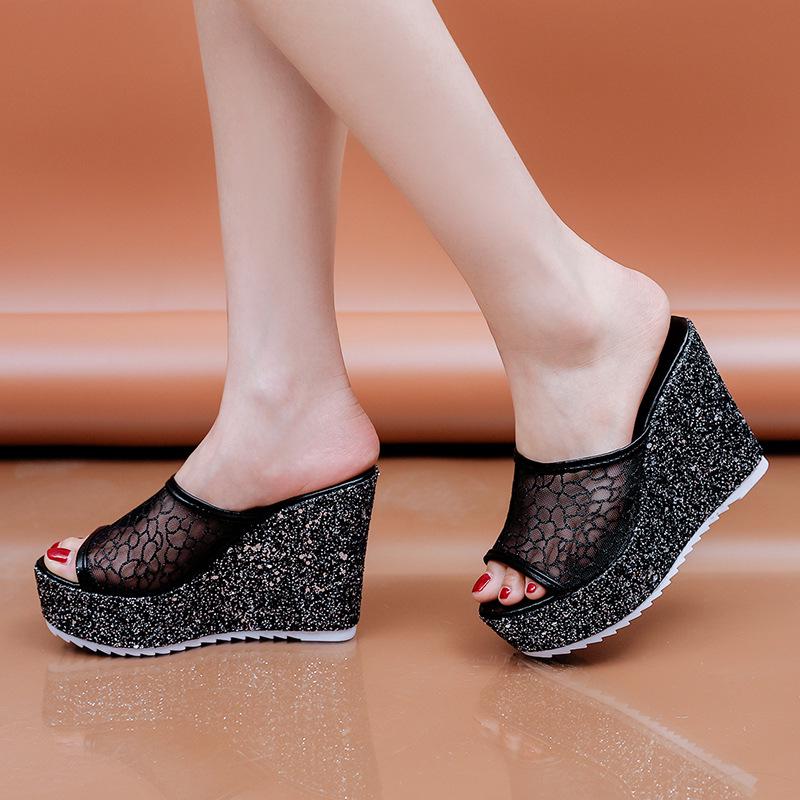 Fashion Women Summer Sequin Slipper Fashion Solid Color Mesh Sandals Slides Open Toe Casual Wedge Heel Thick Sole Slippers for Women