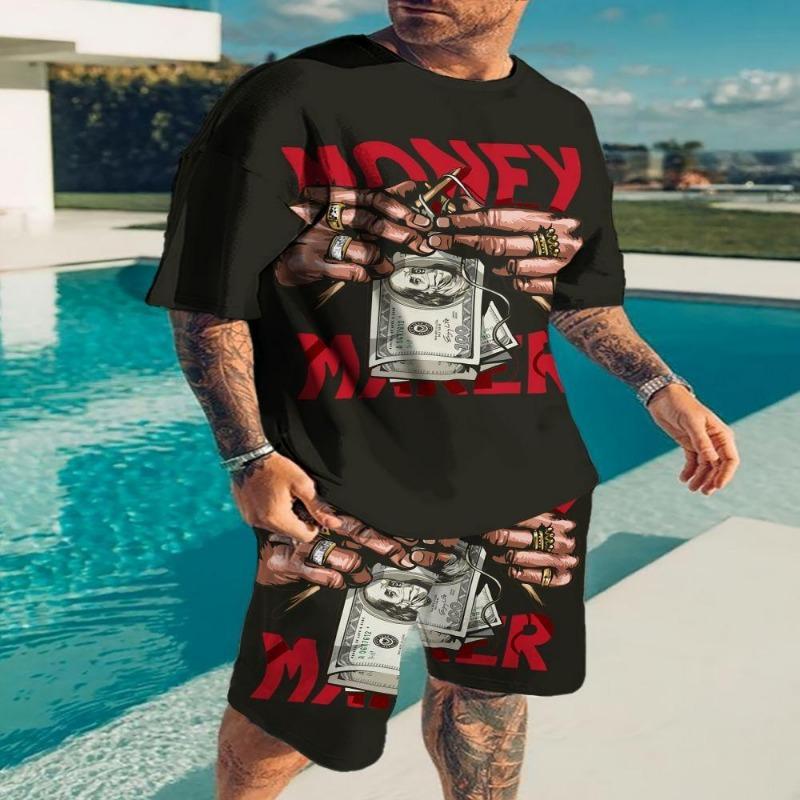 Fashion Retro Casual Vacation Summer Men's Suit 3D Printed Sportswear Short-sleeved Suit Oversized Round Neck T-shirt Shorts 2-piece