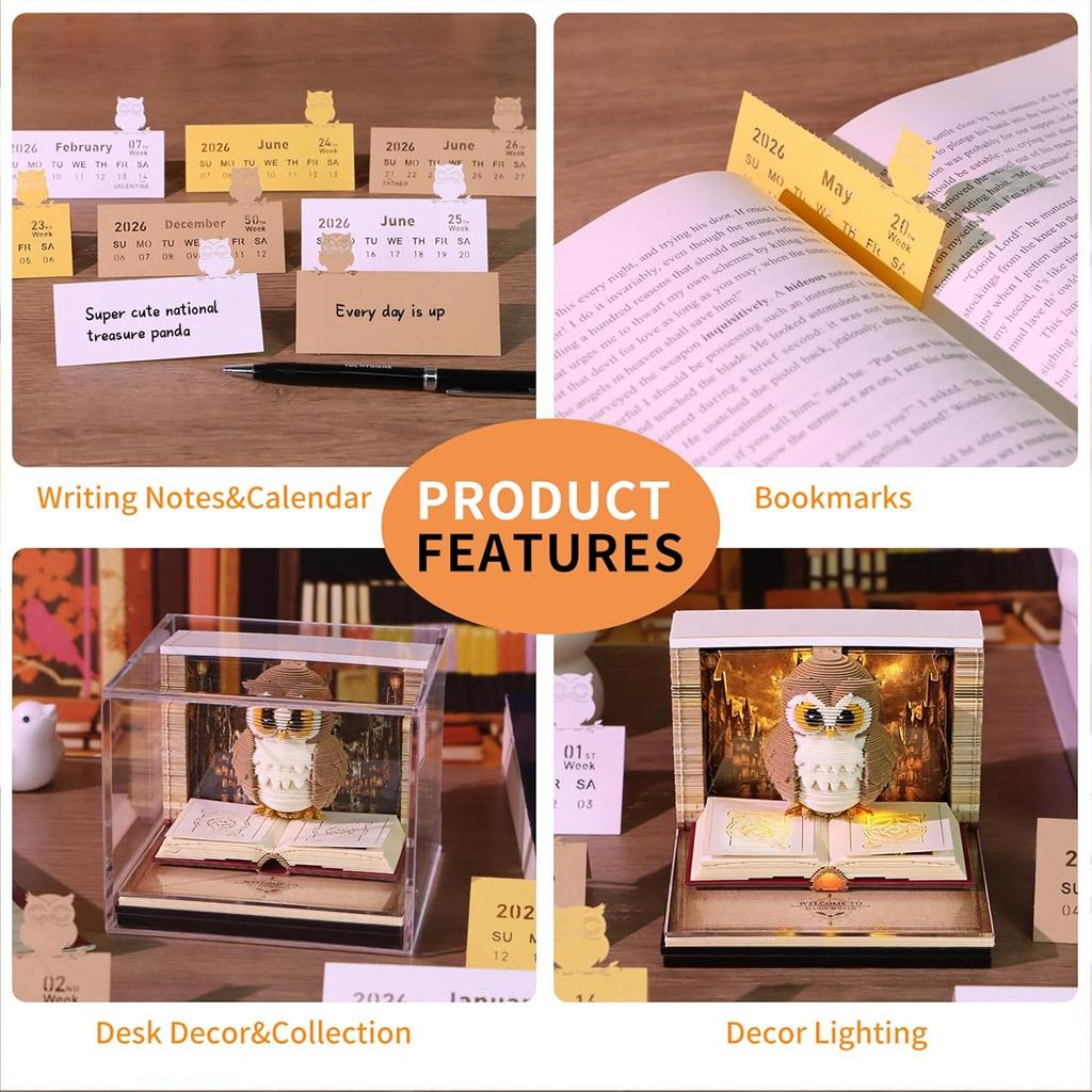 Time Piece Calendar 2026 with Lights, 3D Calendar 2026, DIY Tear-Away 3D Artsy Pads, 3D Memo Pad Paper Carving Art for Desktop Decor