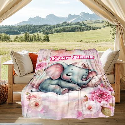 1PC Custom Name Elephant Dreams Flowers Flannel Blanket Versatile,all-season Throw Suitable for the Living Room,bedroom,camping,travel,and Gift