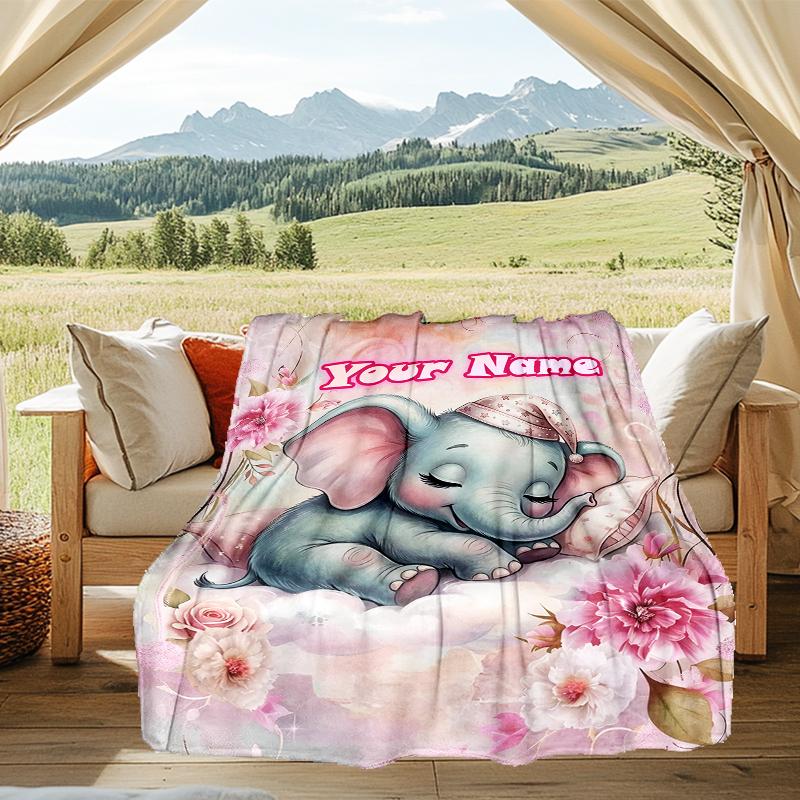 1PC Custom Name Elephant Dreams Flowers flannel blanket versatile,all-season throw suitable for the living room,bedroom,camping,travel,and gift