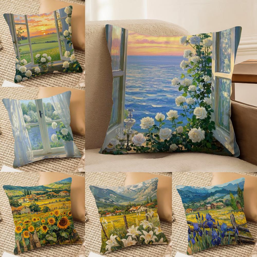 Classical Handpainted Iandscape Oil Painting Cushion Cover Silky elegant Comfort Sofa Bed Invisible zipper Beach pillowcase