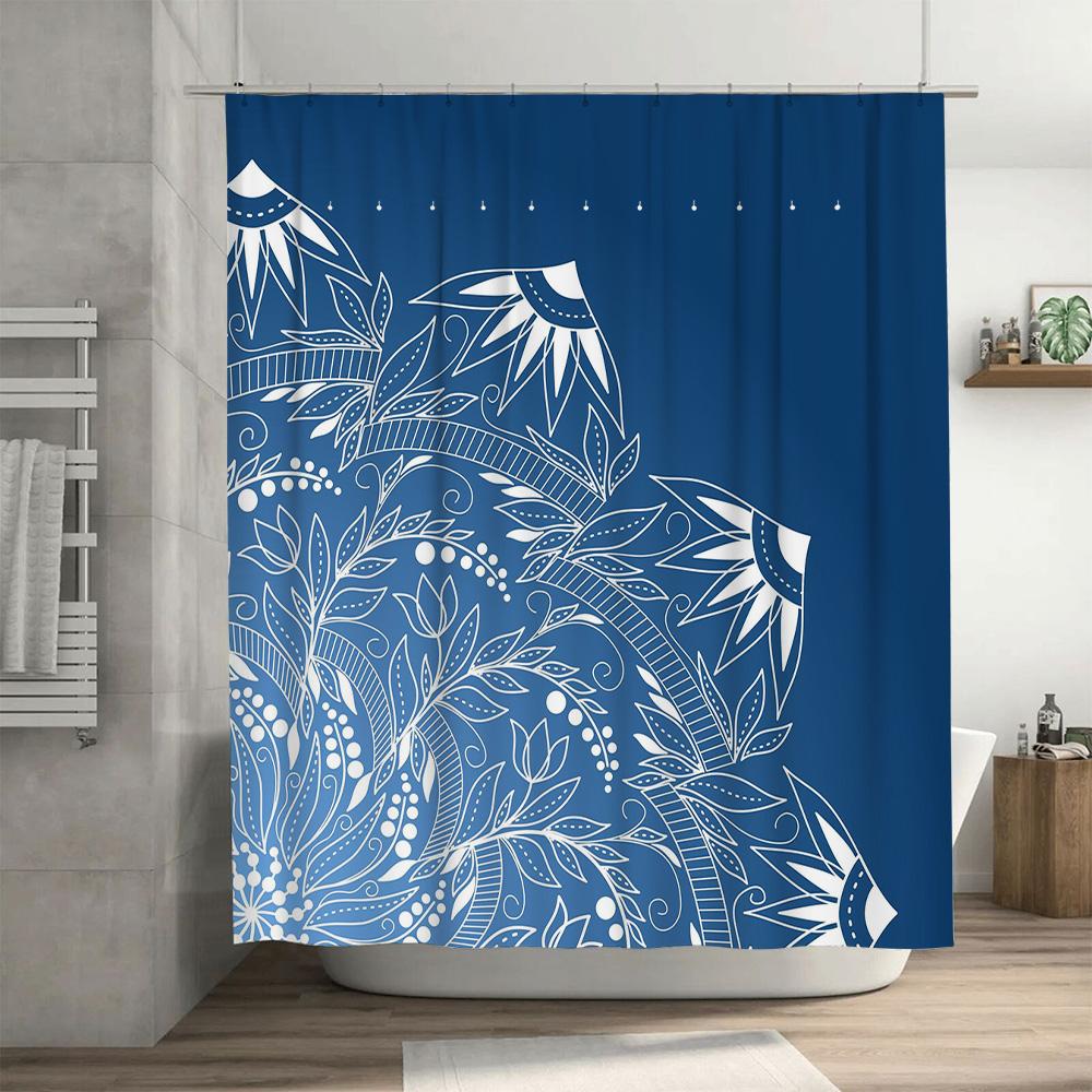 Creative Blue White Shower Curtain with Floral Design for Bathroom Decor Waterproof Fabric Material Modern Home Accessories (Cu