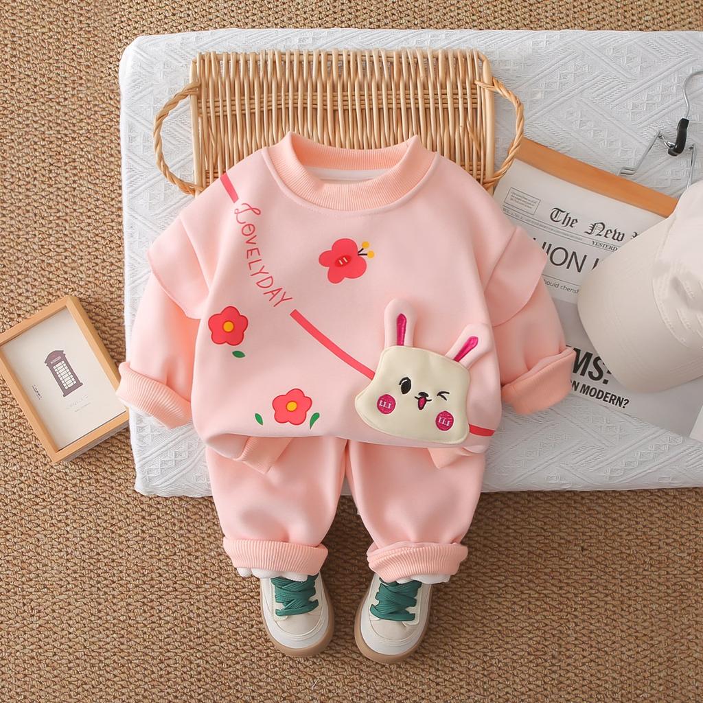 Girls Spring and Autumn Suit Flower Rabbit Baby Children's Clothing Western Style Baby Plus Velvet Warm Sweater Girl