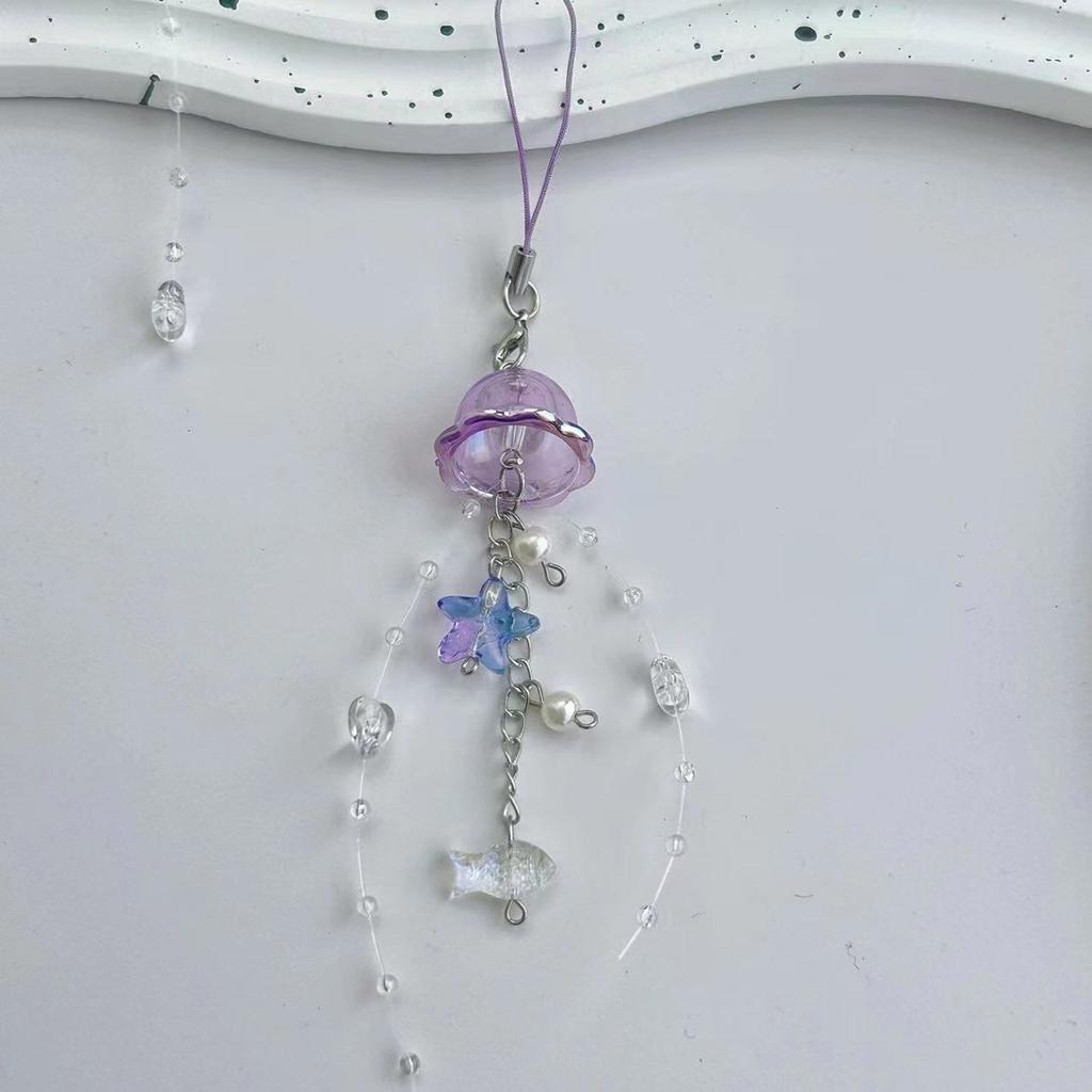 Elegant Jellyfish Inspired Phone Charm Portable Keychain with Crystal Star and Pearls Accents for Phone Accessorizing