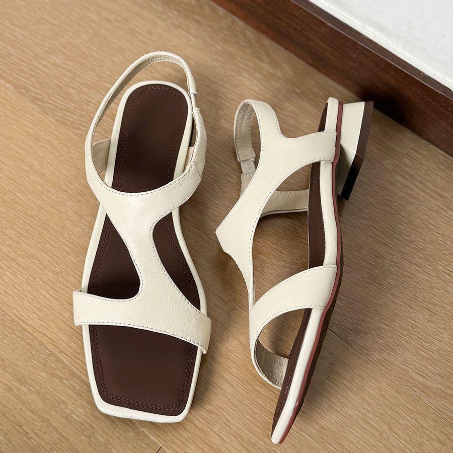 2025 Summer New Roman Style Simple Word with Sandals Women's Xia Ping Low Heel Open Toe Square Head Women's Shoes White
